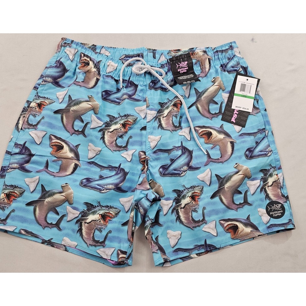 Psycho Tuna trunks swimwear mens L Large pockets PTYB0090 shark bite blue